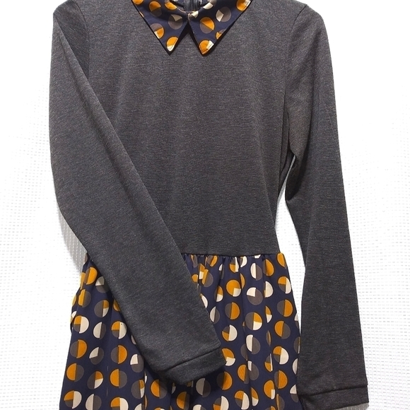 Lady JESSY B Retro Style Geometric DRESS Gray Cream Yellow Navy Sash Belt NWOT - Picture 4 of 12